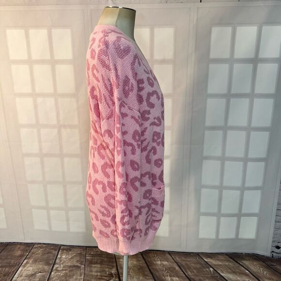 Pink Lily Pink Cheetah Open Front Long Sleeve Cardigan Sweater Small/Medium - Picture 5 of 10